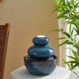 Glitzhome Indoor Tabletop Tiered Water Fountain with LED Light, Turquoise Leaf Textured Ceramic Desktop Water Fountain, Decorative Zen Meditation Mini Waterfall for Home Office, 8.75”H