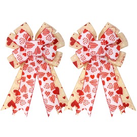 Janinka 2 Pcs Valentine Tree Topper Heart Valentines Day Bow Red White Hearts Burlap Bows Large 10 x 18 Inches for Wreath Wedding Holiday Party Wall Home Front Door Outdoor Decor