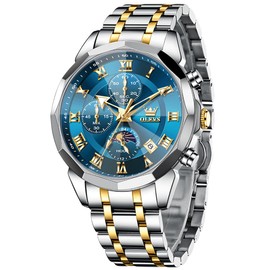 OLEVS Mens Watches Waterproof Analog Quartz Luxury Two Tone Stainless Steel Dress Blue Big Face Easy Read with Roman Numerals Day Date Chronograph Moonphase Fashion Chic Luminous Wristwatch Men