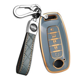 ontto 5-Button Car Key Case Fit for Nissan Pathfinder Rogue 2023 2024 Key Fob Cover Gold Edge TPU Smart Remote Key Holder Bag Grey