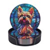 Yorkie Stained Dog Breed Glass Art Leather Drinks Coasters with Holder Set of 6 for Kinds of Cups