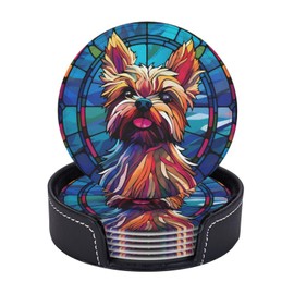 Yorkie Stained Dog Breed Glass Art Leather Drinks Coasters with Holder Set of 6 for Kinds of Cups