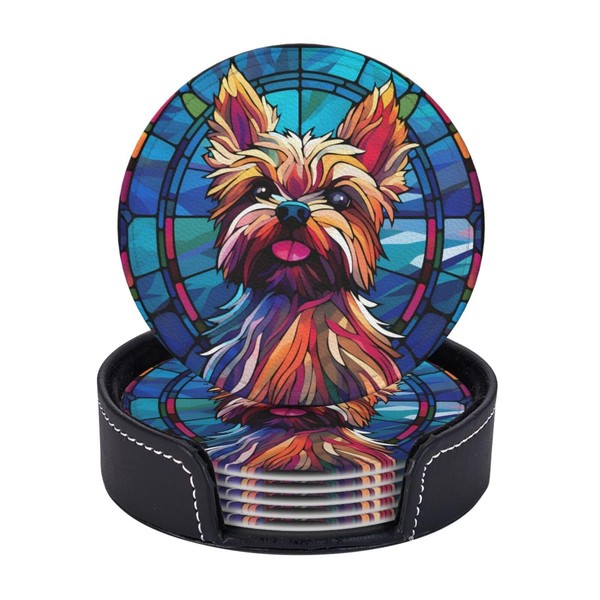 Yorkie Stained Dog Breed Glass Art Leather Drinks Coasters with