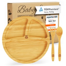 Babylovit Children's Plate with Suction Cup, Bamboo Baby Plate with Suction Cup, Tested Children's Plate with Baby Cutlery, Baby Accessories, Ideal for Baby LED Weaning, Bamboo Plate
