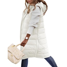 HEEKPEK Womens Puffer Vest Winter Hooded Sleeveless Zip Up Long Puffy Jacket Warm Thick Quilted Coats with Pockets(White,X-L)