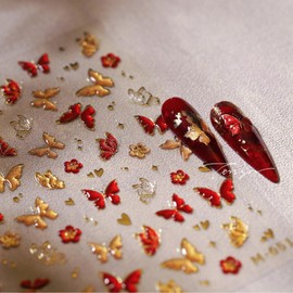Butterfly Nail Art Stickers 5D Embossed Red Butterfly Nail Stickers Self-Adhesive Yellow Gold Butterflies Nail Decals Spring Summer Nail Art for Women Girls Daily Manicure DIY Nail Supplies