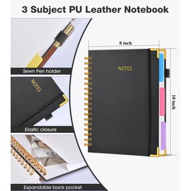 JASLEKO 3 Subject Notebook College Ruled with Dividers Tabs, 100 GSM Leather Hardcover Spiral Notebooks for School Work, 240 Pages Large Cute Notebook Journal for Women Men, College Students,Black