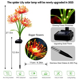 Solar Garden Lights Decorative,2 Pack Spider Lily Solar Orange Flowers Outdoor,6 Head Upgraded Waterproof Flower with Glowing Stems,Gardening Gifts for Women,Yard Decor for Outside Lawn Patio