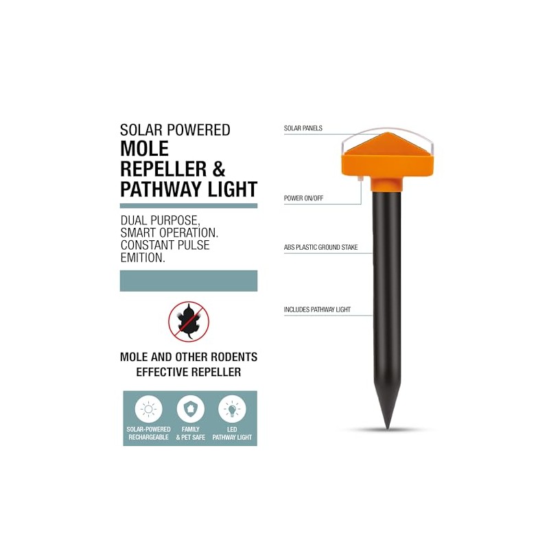 Brookstone Solar-Powered Mole Repeller & Pathway Light – Dual-Purpose Sonic