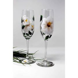 Hand Painted Champagne Glasses - White Magnolia (Set of 2)