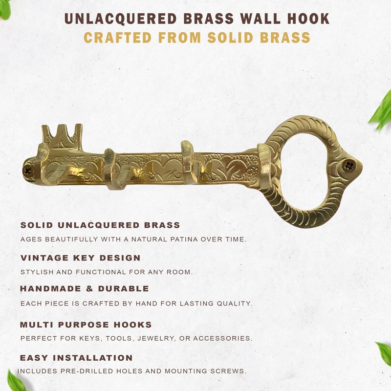 JUVOSY Unlacquered Brass Wall Hooks – Vintage Key Design –