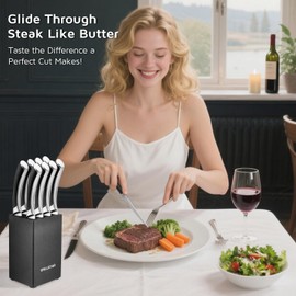 WELLSTAR Steak Knives Set of 8 with Wood Block, 4.75 Inch Sharp Serrated Steak Knife Set, Razor Sharp German Stainless Steel with Full Tang Handle, Space Saving Steak Knife Set