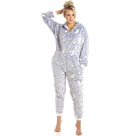 Camille Womens Super Soft Fleece Onesie - Glow In The Dark Hooded All In One - Long Sleeved and Side Pockets Grey 18-20