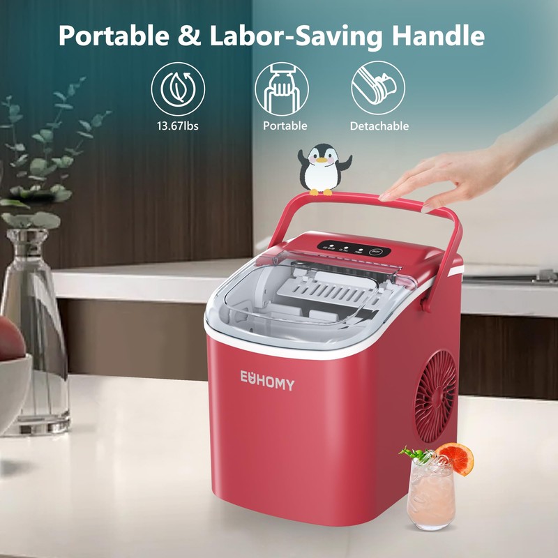 EUHOMY Countertop Ice Maker Machine with Handle, 26lbs Per Day,