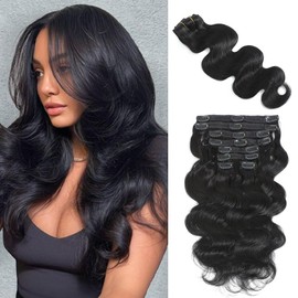 AIWET Wavy Clip in Hair Extensions Human Hair 8 Pieces 120g Body Wave Human Hair Clip in Extensions for Women Double Wefts Grade 12A Jet Black Real Human Hair Extensions (#1,18 Inch)