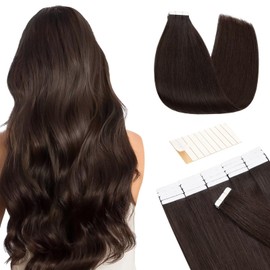 Tess Tape Extensions Real Hair Dark Brown #2 Tape Hair Pieces Tape-In Hair Extensions, Remy Human Hair Extensions Straight Hair 10 Pieces, 20 Inches (50 cm) – 25 g