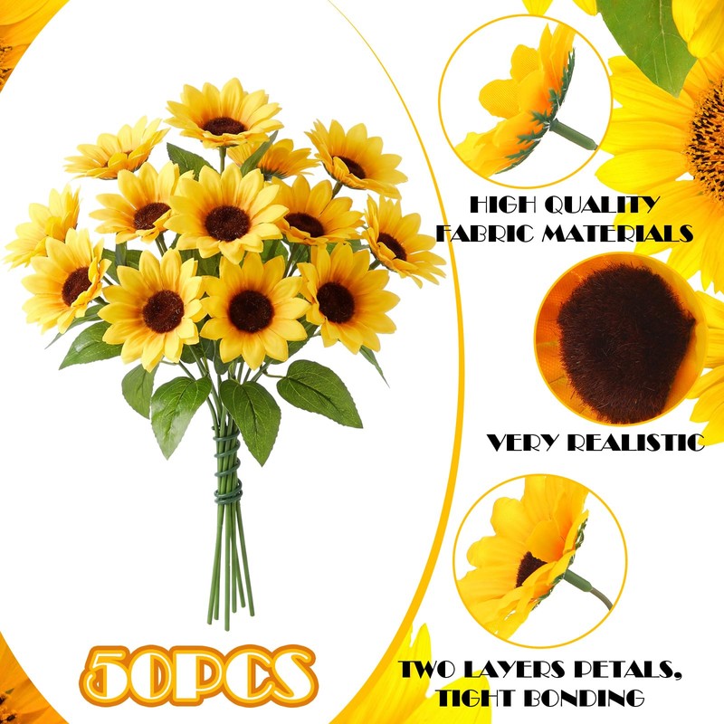 50pcs Artificial Sunflower Heads with Stems, 2.76 in Fake Sunflower