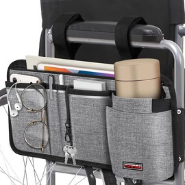 FINPAC Wheelchair Side Bag w/Cup Holder, Pen Slot & Reflective Strips, Wheelchair Storage Bag for Adults & Seniors, Fit PowerWheelchairs, Walkers, Rollators - Color: Gray