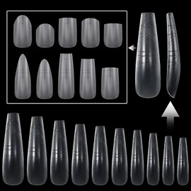 U-Shinein Nail Tips， Coffin Nail Tips，Guiding Line Nail Tips for Acrylic Nail, Glue-on Invisible Auxiliary Line12 Sizes Full Cover Nail Tips with Positioning Line, Extra Long Nail Extension Tips for Beginners