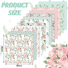 Whaline 12Pcs Spring Cotton Fabric Bundles Floral Greenery Fabric Square Pink Green Retro Sewing Fabrics for DIY Handmade Craft Decor, 14 x 14 in