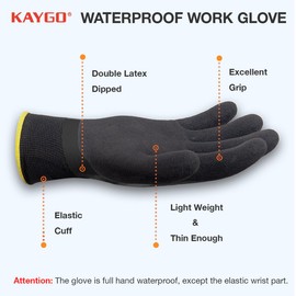 KAYGO Waterproof Work Gloves for Men and Women with Double Latex Coated, Non-Slip Super Grip for Gardening Car Washing Fish Cleaning (Black, S, 3 Pairs)