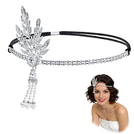 1920s Flapper Headband Silver Rhinestone Leaf Headpiece with Pearl Tassel Elastic Retro Head Band for Women Party Prom Wedding (sliver)