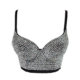 VEENDEO Women's Bustier Crop Top Mesh Corset Top Push up Rhinestone Diamond Bra Club Party Vest