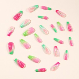 Coffin Press on Nails Long Fake Nails Pink and Green Ombre Stick on Nail 24pcs