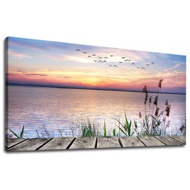 Yearainn Sunset Lake Wall Art - Nature Landscape Canvas Pictures, Wooden Dock Reed Grass Painting Print Flying Birds Artwork for Living Room, Bedroom, Home Office Wall Decoration 29" x 58"