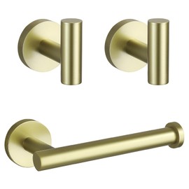 TURS Brushed Gold Toilet Paper Holder 2 Towel Hooks SUS304 Stainless Steel 3-Pieces Bathroom Accessories Kit Wall Mounted