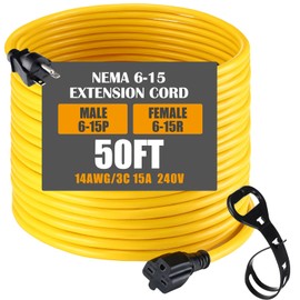 Tellegloww 50ft NEMA 6-15 Extension Cord 6-15P Male to 6-15R Female, 15 AMP Power Cable for 220/240V Air Condition, LED Grow Lights, Digital Ballast Power Cord Heavy Duty 14/3 AWG, 240V, 3750W