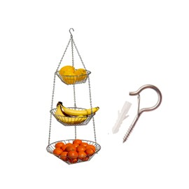 KNC 3-Tier Detachable Hanging Wire Baskets with Q Hooks,Vegetable Fruit Baskets Holder for Kitchen Bathroom Organizer Storage, Plant Holder Kitchen Countertop Space Saver (Silver)