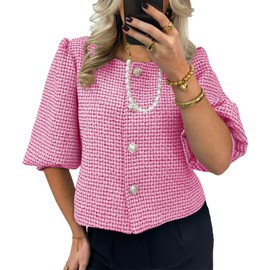 Cicy Bell Womens Cropped Tweed Blazers Puff Short Sleeve Crew Neck Button Business Casual Suit Jackets Pink