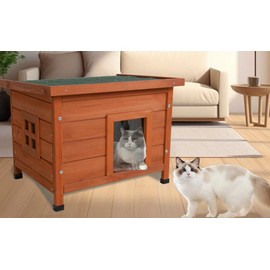 Heemab Waterproof Cat House and Feral Kitty Shelter for Indoor and Outdoor Use, Solid Wood Construction with Elevated Floor, Natural