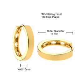 925 Sterling Silver 14k Gold Plated Small Huggie Hoop Earring 16 mm Unisex Women Men Silver/Gold/Rose Gold Option