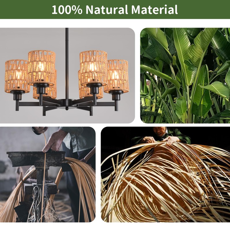 Giawosth 6-Light Black Rattan Chandelier for Kitchen Island, Farmhouse Boho