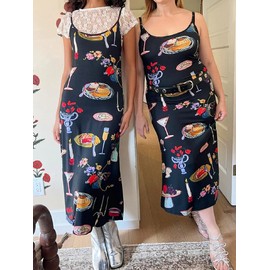 Women's Vintage Print Slip Dress Y2k Spaghetti Strap Bodycon Maxi Dress Summer Cute Flowy Swing Long Dress(Print Black,Medium)
