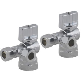 LD Valve- 1/4 Turn Dual Compression Outlet Angle Stop Valve,Quarter Turn 3-Way Water Supply 1/2" FIP x 3/8"OD x 3/8"OD LF Chrome Plated Brass Shut Off Valve for Faucet or Toilet Installation (2-Pack)