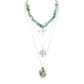 MINACHI Hippie Layered Necklace with Green Beads, Dragonfly & Tree of Life Charms, Boho Adjustable Jewelry For Women