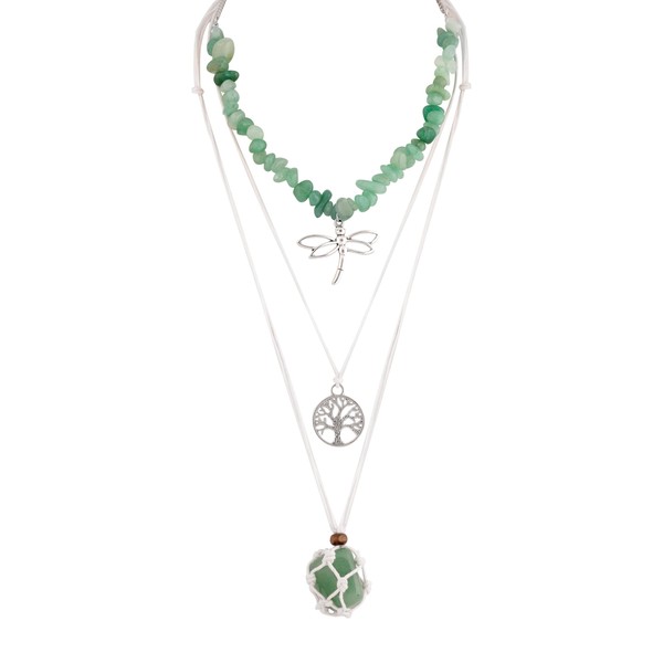 MINACHI Hippie Layered Necklace with Green Beads, Dragonfly & Tree