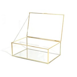 Feyarl Gold Glass Jewelry Box Clear Keepsake Photo Box Trinket Storage Organizer Box Display Case Makeup Holder for Home Decor Wedding (10.8 x 7 x 3.9inch)