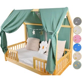 YellowNest Cottage Bed Linen (2-Piece) - Canopy Cottage 70 x 140 cm - 100% Cotton Muslin - with Garland (Eucalyptus Garland, 62 x 270 cm (2 Panels)