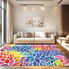 Abstract Colorful 6x9 Area Rug Modern Rainbow Dahlia Floral Rugs Multicolor Kids Area Rugs, Non-Slip Machine Washable Floor Carpet for Bedroom Living Room Home Office Decor 6' x 9'
