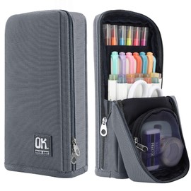 Housolution Standing Pencil Case Large Capacity Pen Bag, Multi-Layer Pen Pouch Pencil Holder Stationery Organizer, Polyester Pencil Bag Storage Box Desk Organizer, Gray