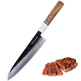 Meteorite Gyuto Japanese All-Purpose Knife, For Meat & Vegetable Prep, Hand-Hammered Midnight Damascus, Convex Grind Edge, Olive Wood Handle – Chef Gift IceRaven 210mm