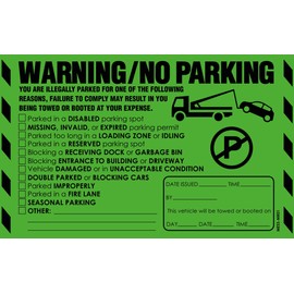 Parking Violation Stickers for Cars (Fluorescent Green) - 100 Illegal Warning Reserved, Handicapped, Private Parking and More/No Parking Hard to Remove and Super Sticky Tow Warnings 8" x 5" by MESS