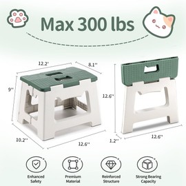 CasaZenith Step Stool Foldable, 9'' Folding Step Stool for Kids & Adults 300 Lb Capacity, Lightweight Small Collapsible Step Stool with Handle, Stepping Stools Suitable for Kitchen Bathroom (Green)