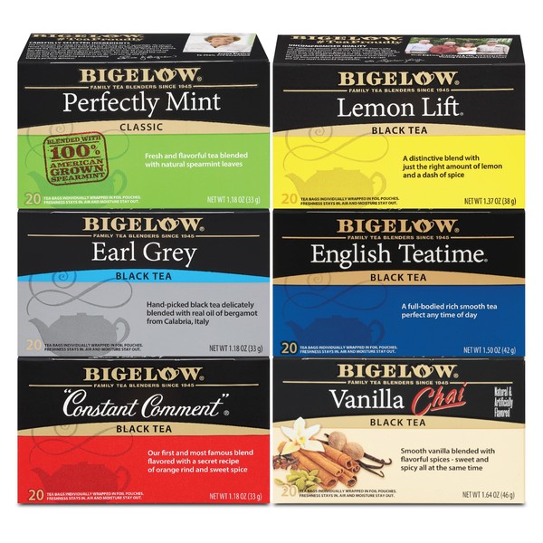 Bigelow Tea Black Tea 6 Flavor Variety Pack, Caffeinated 20 Count (Pack of 6), 120 Total Tea Bags