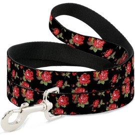 Buckle-Down Dog Leash Red Roses Scattered Black 6 Feet Long 1.0 Inch Wide, Multicolor (DL-6FT-W31852)