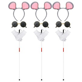 Liitrsh 12 Pcs Mouse Costume Accessories Set, Mouse Headbands Round Sunglasses Folding Blind Cane White Gloves(Pink Gray Ear)